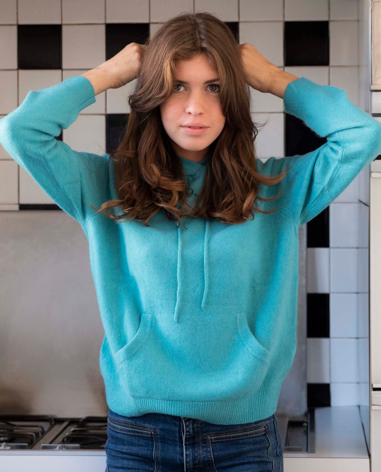 hoodie 100 cachemire Turquoise