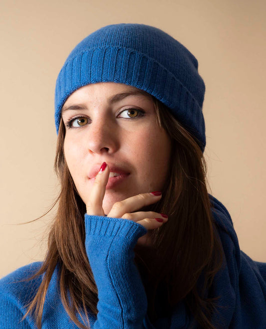 Bonnet 100 cachemire bleu cobalt