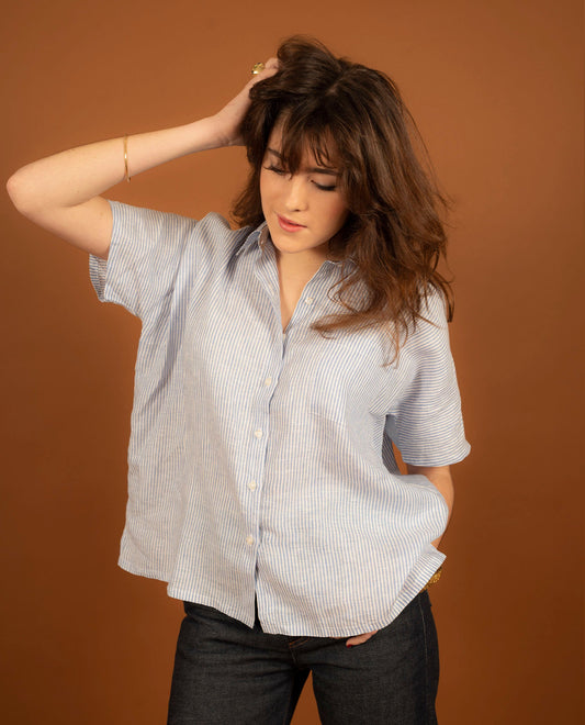 chemisier oversize lin rayé bleu