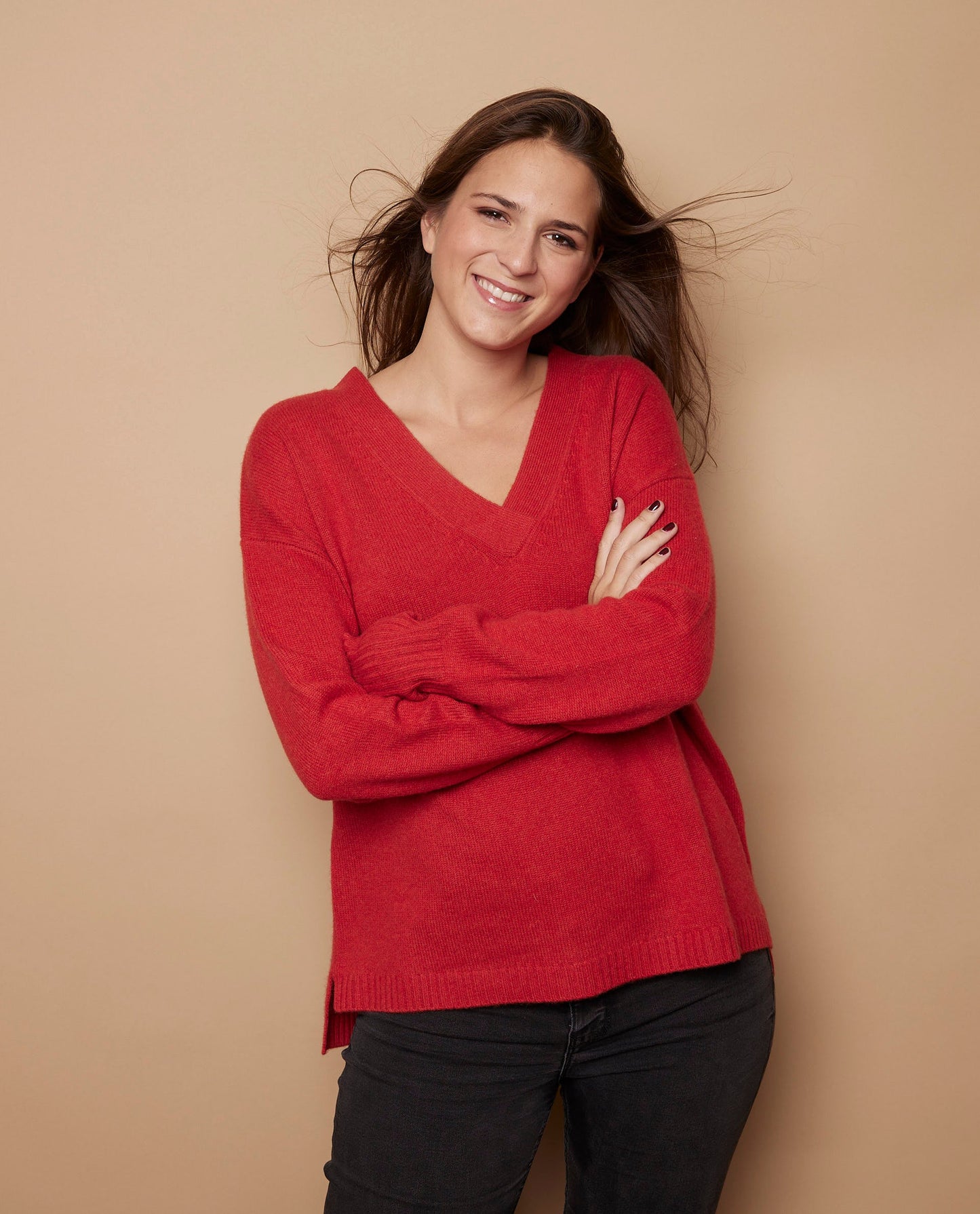 Pull loose V croisé 100 cachemire brique