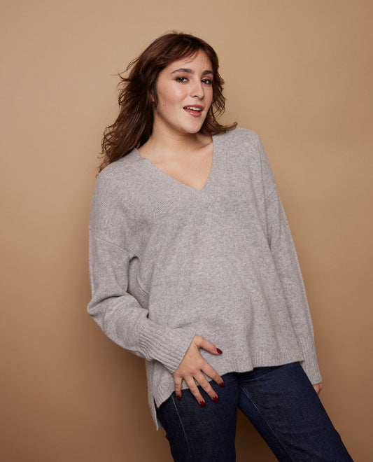 Pull loose V croisé 100 cachemire Gris clair