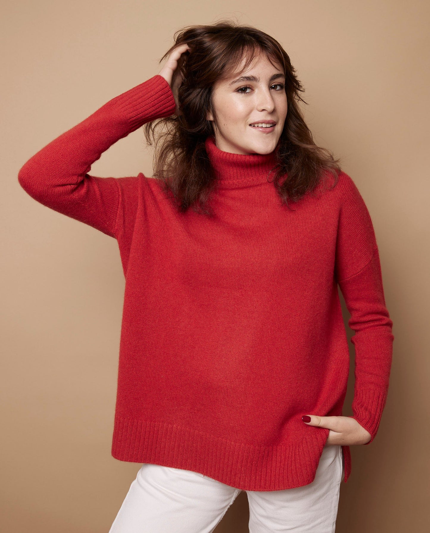 Pull col boule 100 cachemire brique