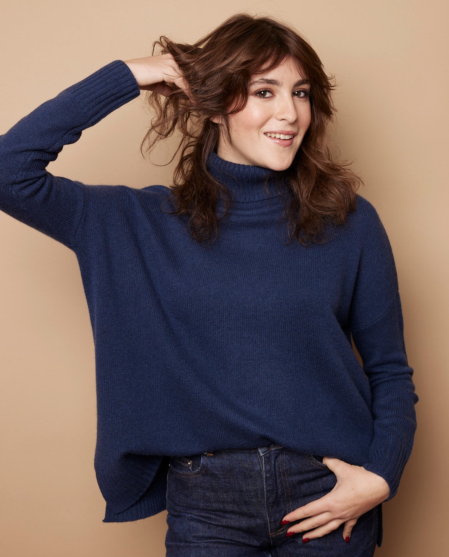 Pull col boule 100 cachemire marine clair