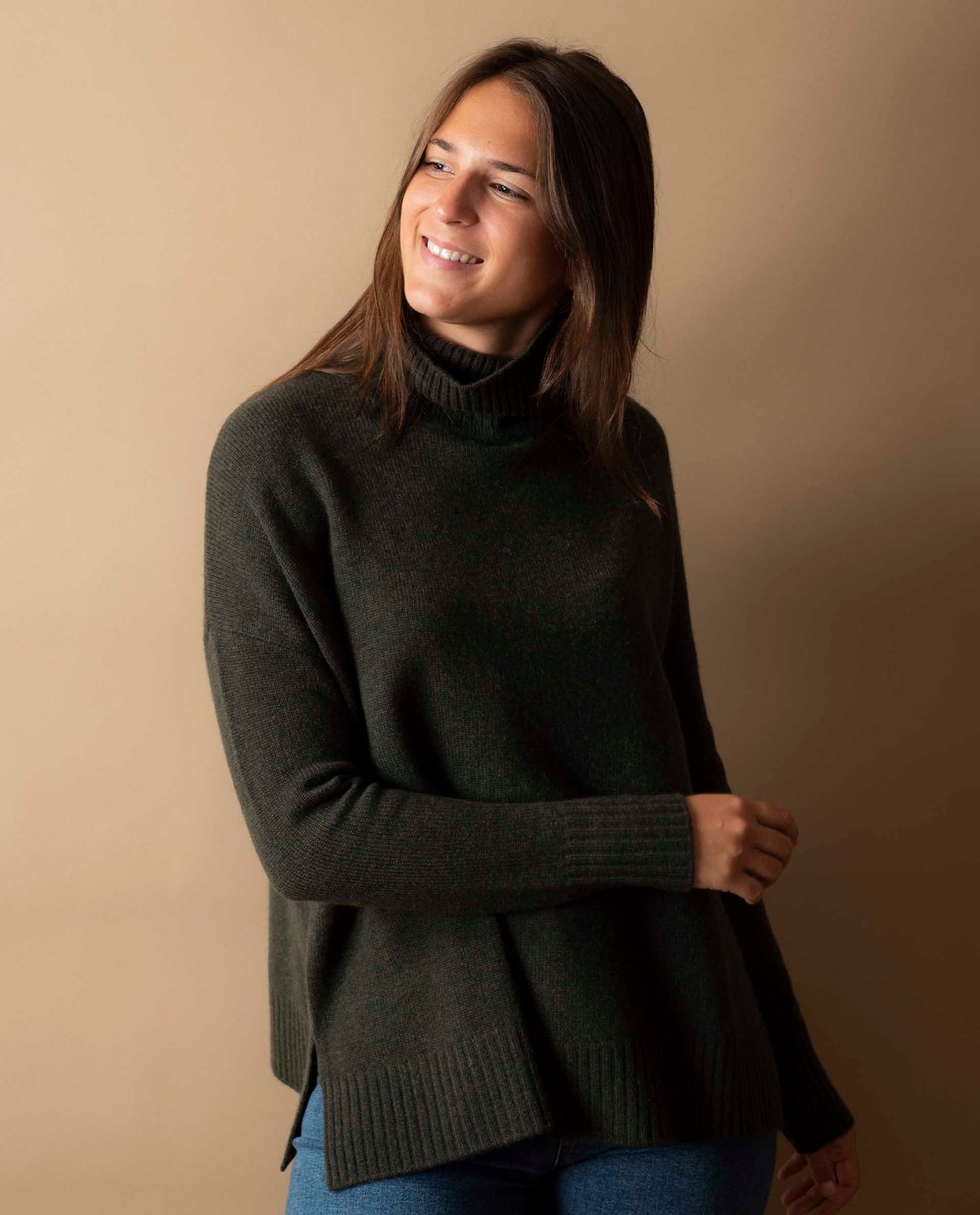 Pull col boule 100 cachemire Kaki