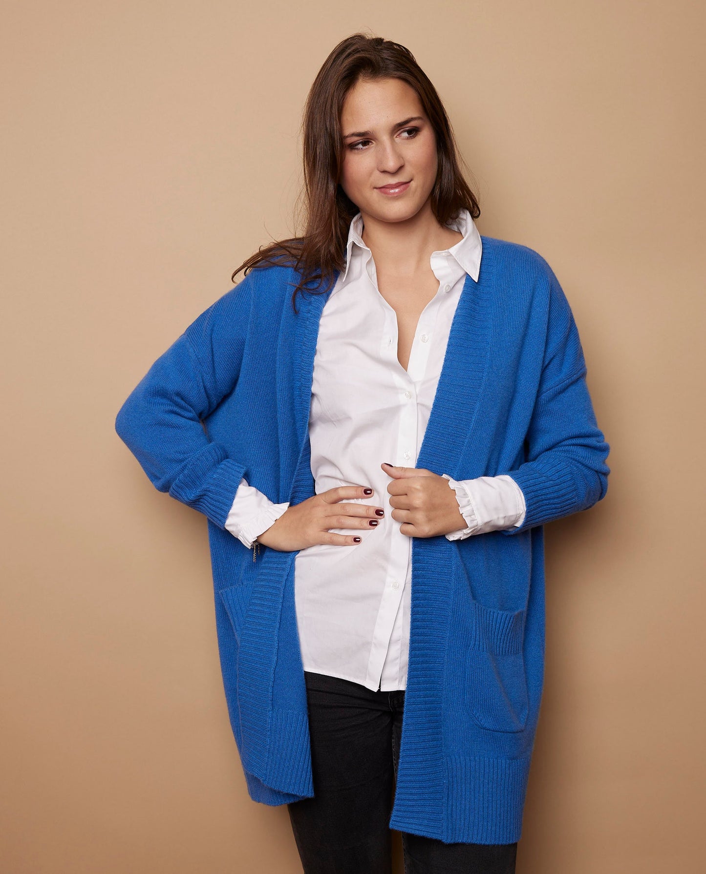 Veste longue oversize 100 cachemire bleu cobalt