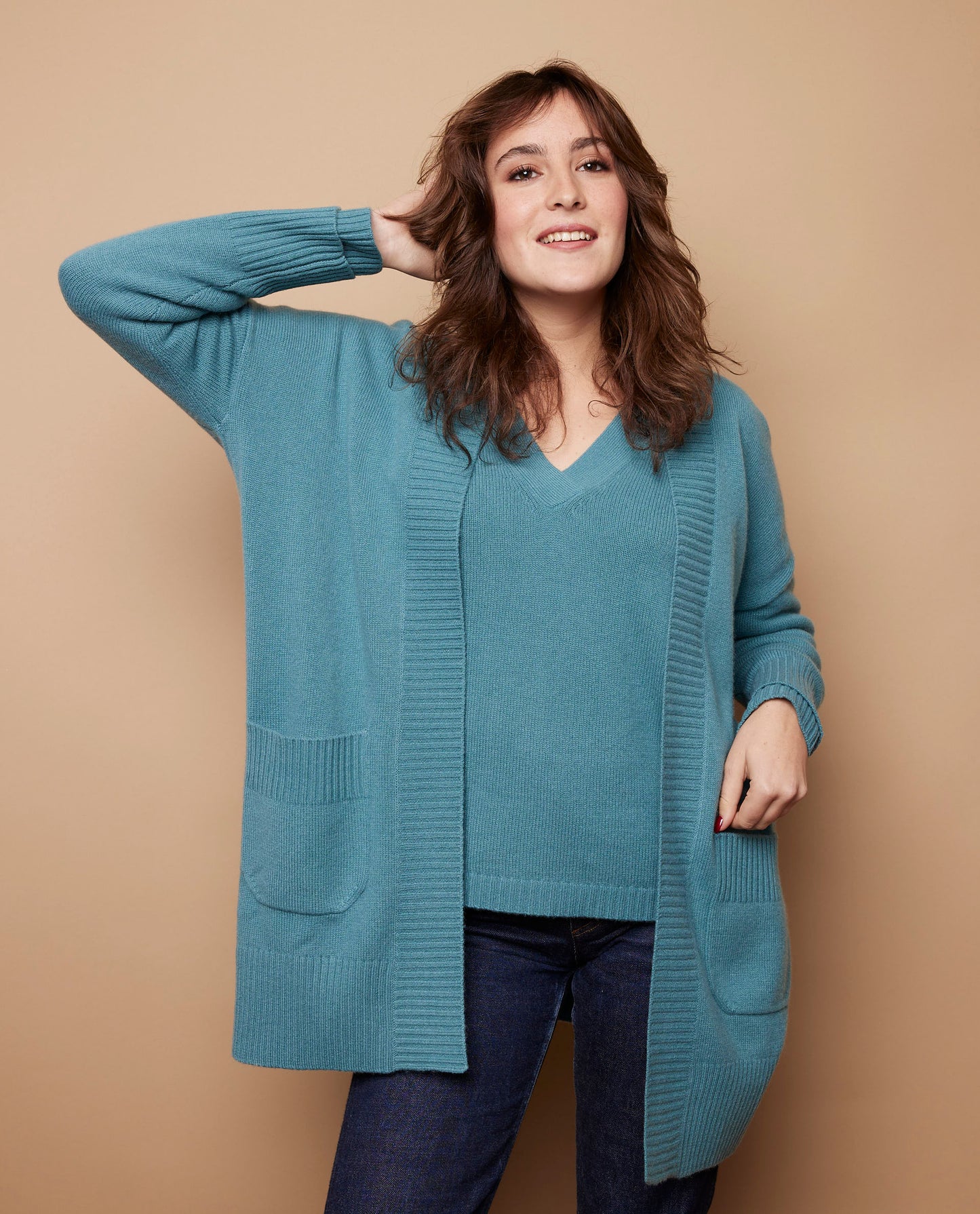 Veste longue oversize 100 cachemire Vert grisé