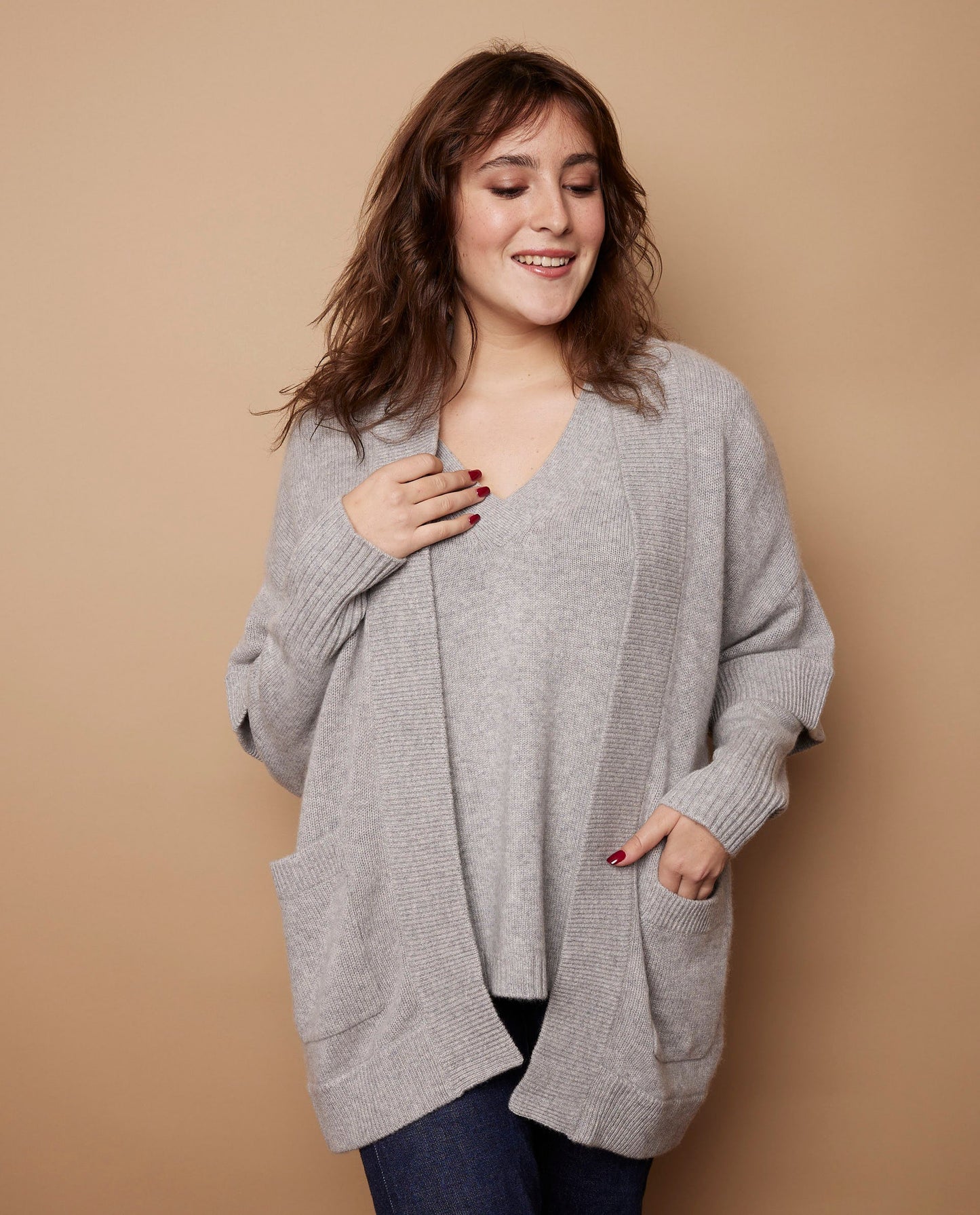 Veste kimono 100 cachemire Gris clair