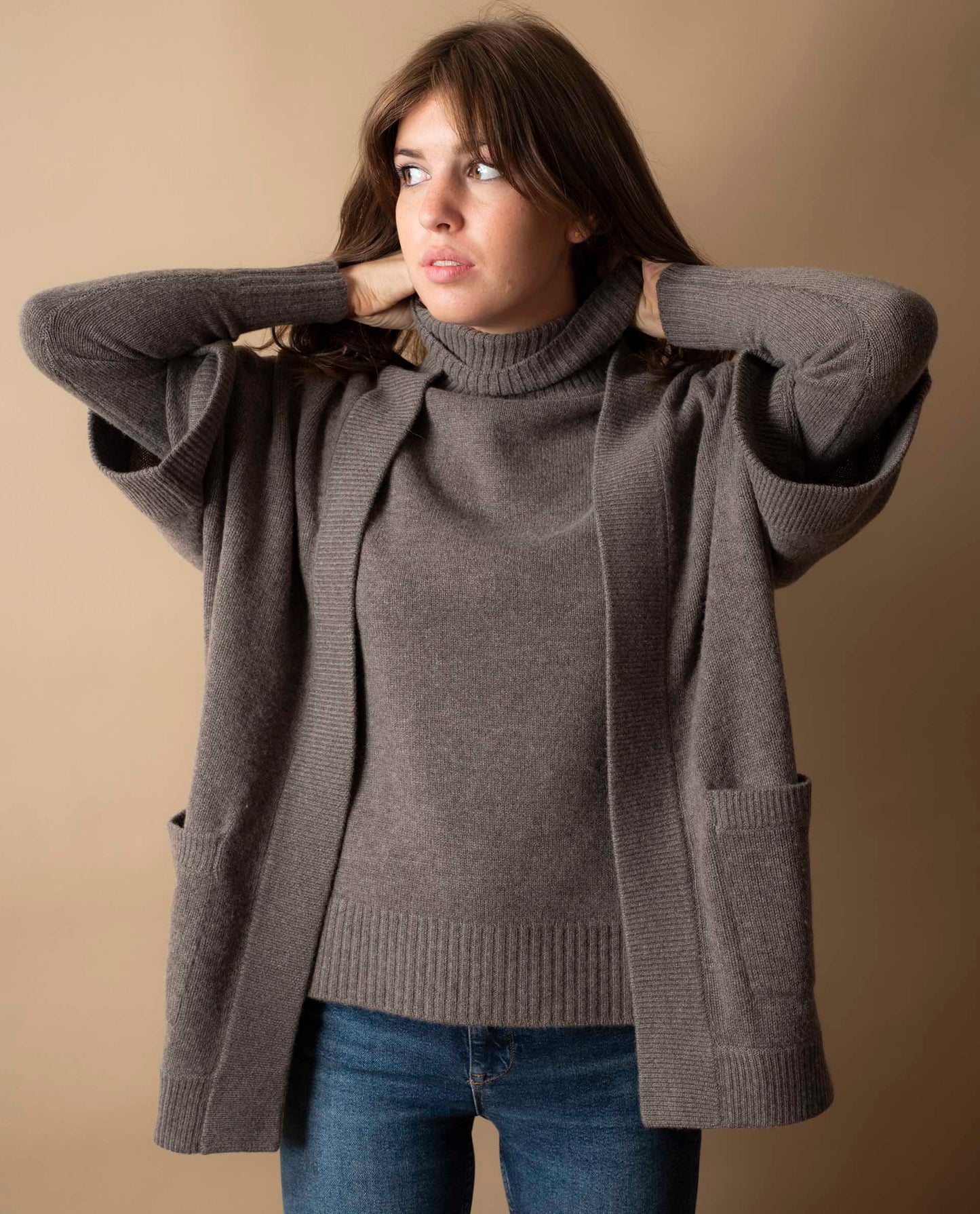 Veste kimono 100 cachemire Taupe