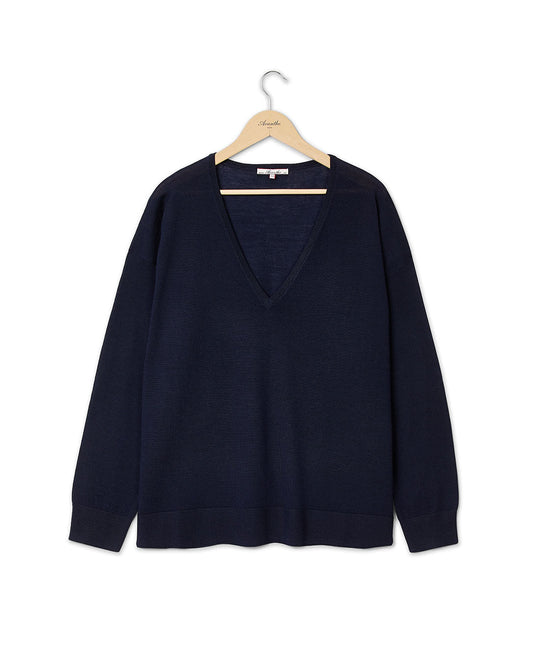 Pull V loose mérinos marine