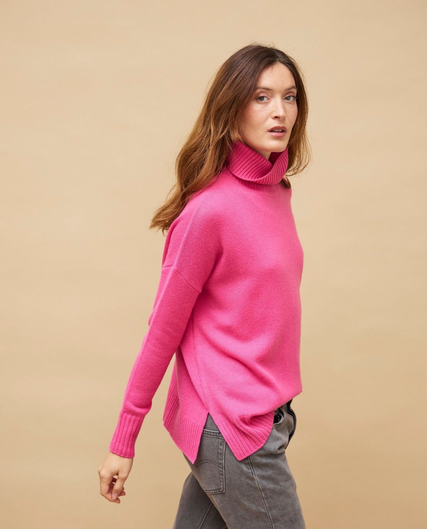 pull col boule 100 cachemire Rose