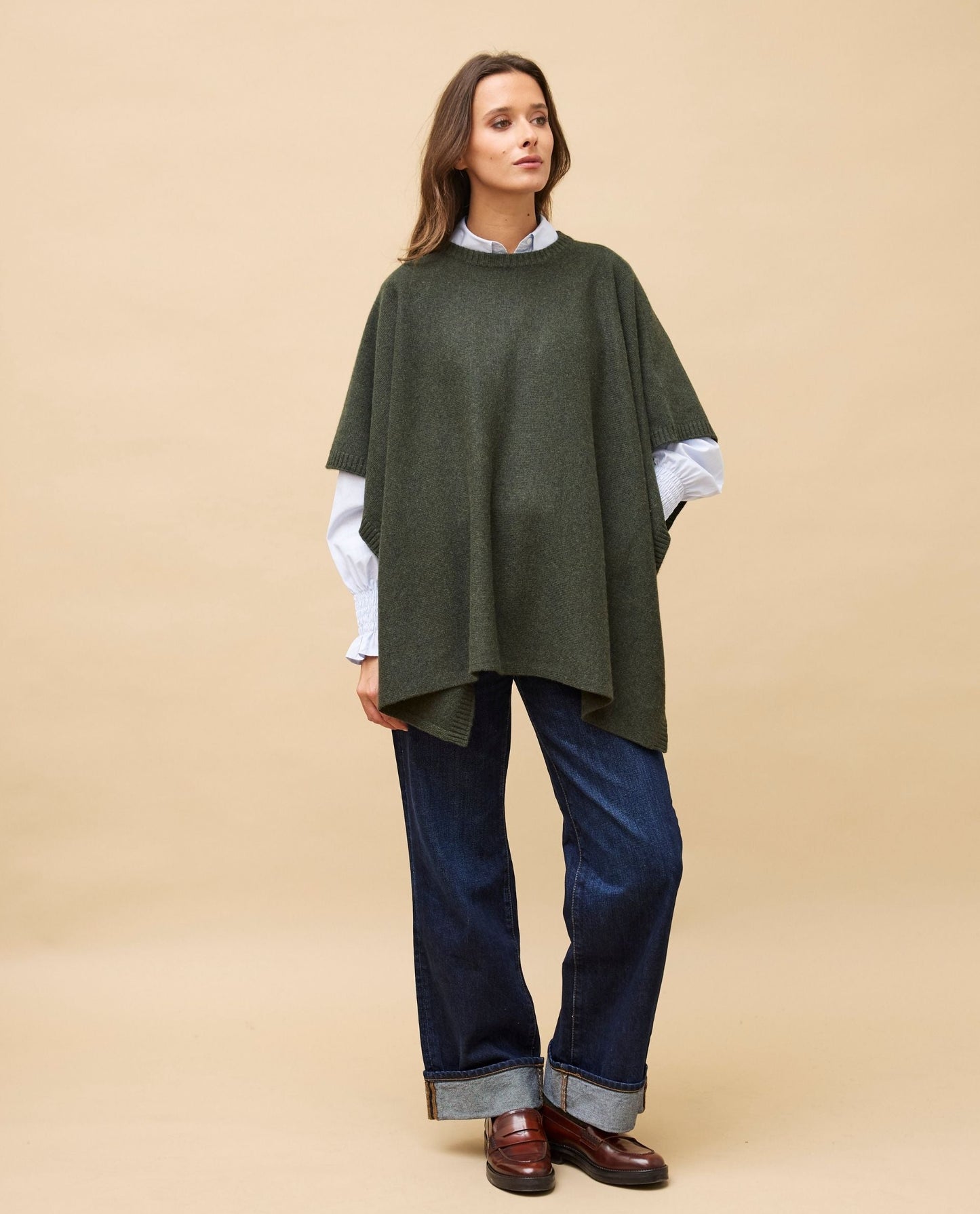 poncho col rond 100 cachemire Kaki