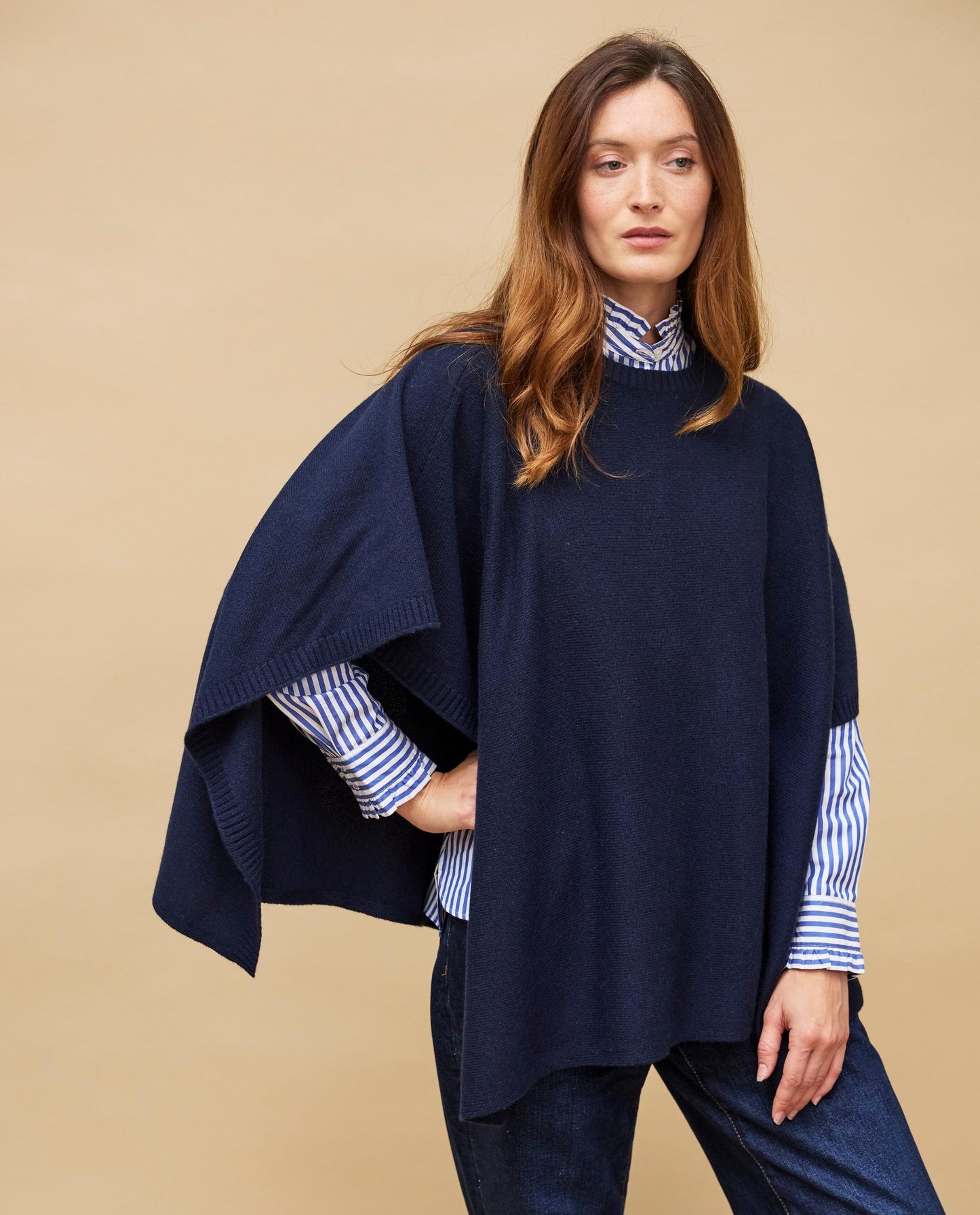poncho col rond 100 cachemire Marine