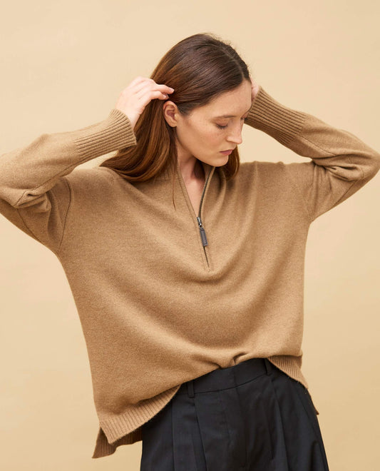pull zippé loose100 cachemire Camel