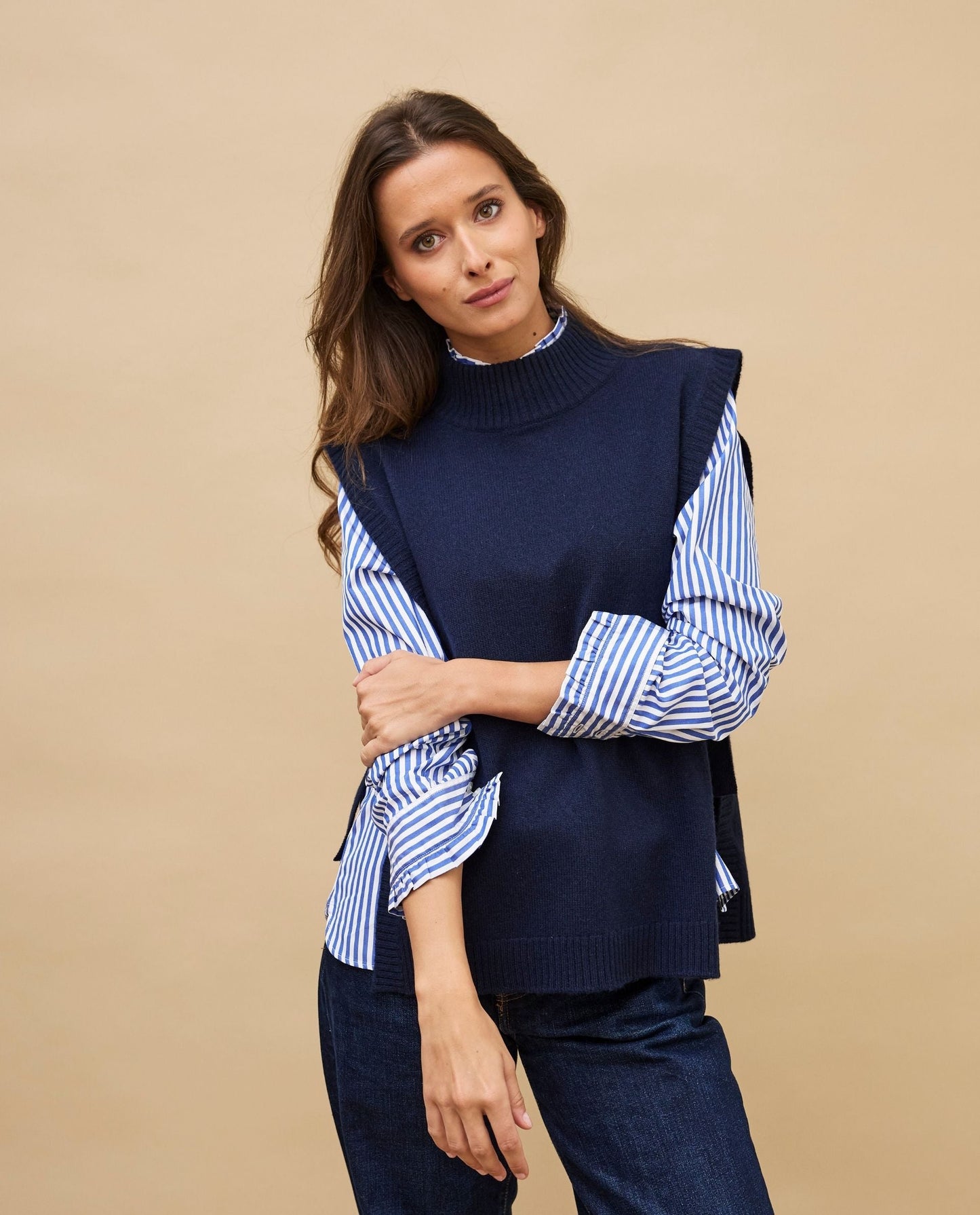 pull sans manche avec lien 100 cachemire Marine